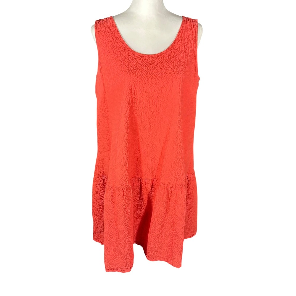 Eileen Fisher Shift Dress‎ Womens XL Coral Orange Crinkle Cotton Drop Waist